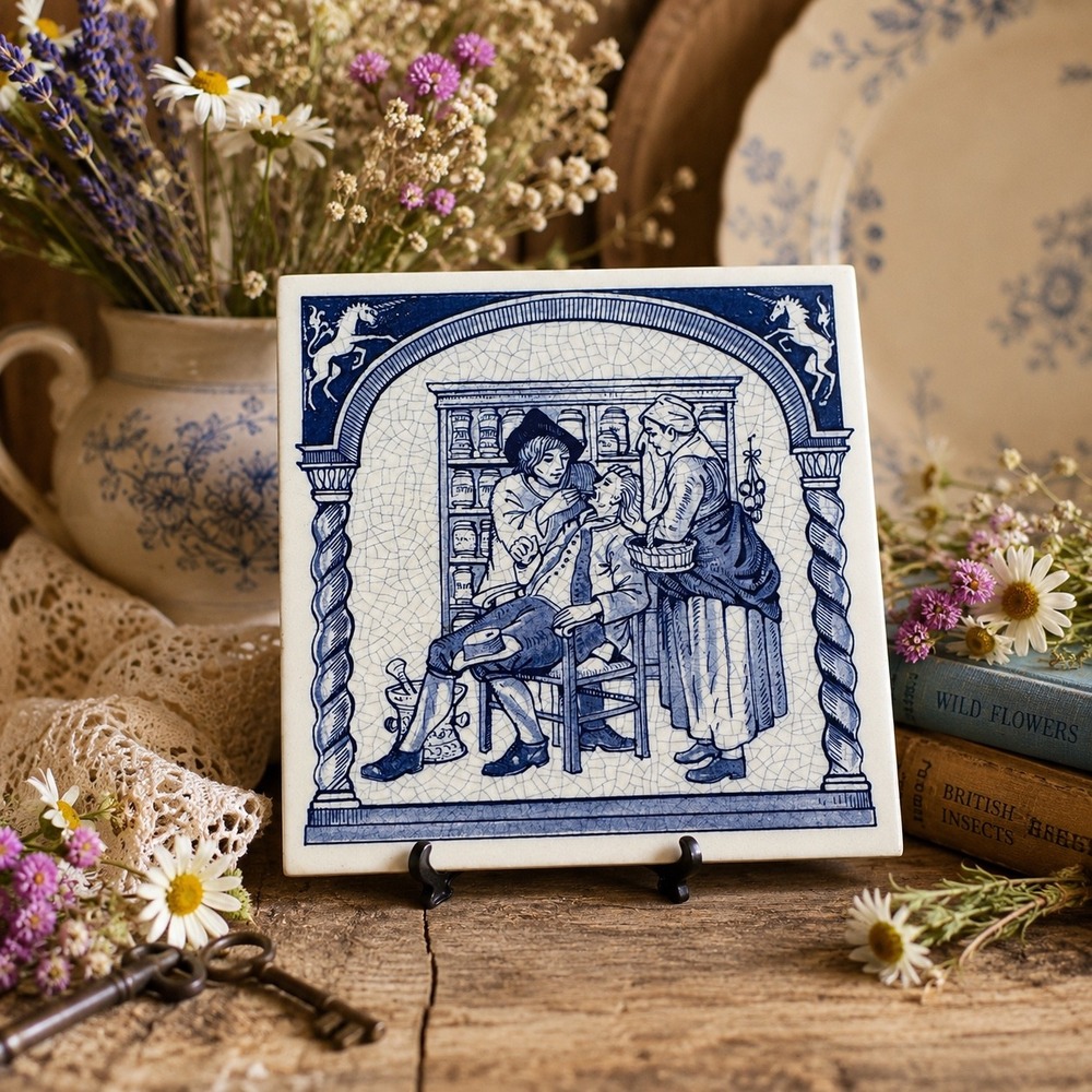 Delft Holland Handmade Ceramic Tile Blue White Apothecary Barber Scene 6x6